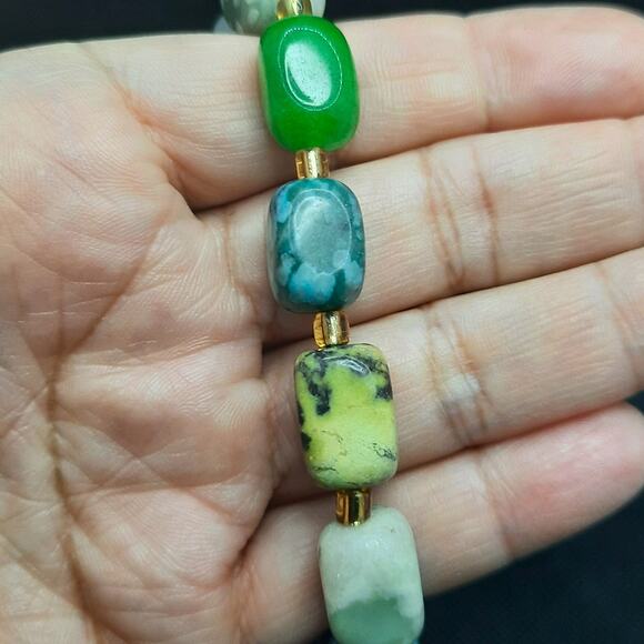 Mixed Gemstone Nugget Bracelet Artisan Large Beaded Gold Tone Stretch New - Picture 4 of 12